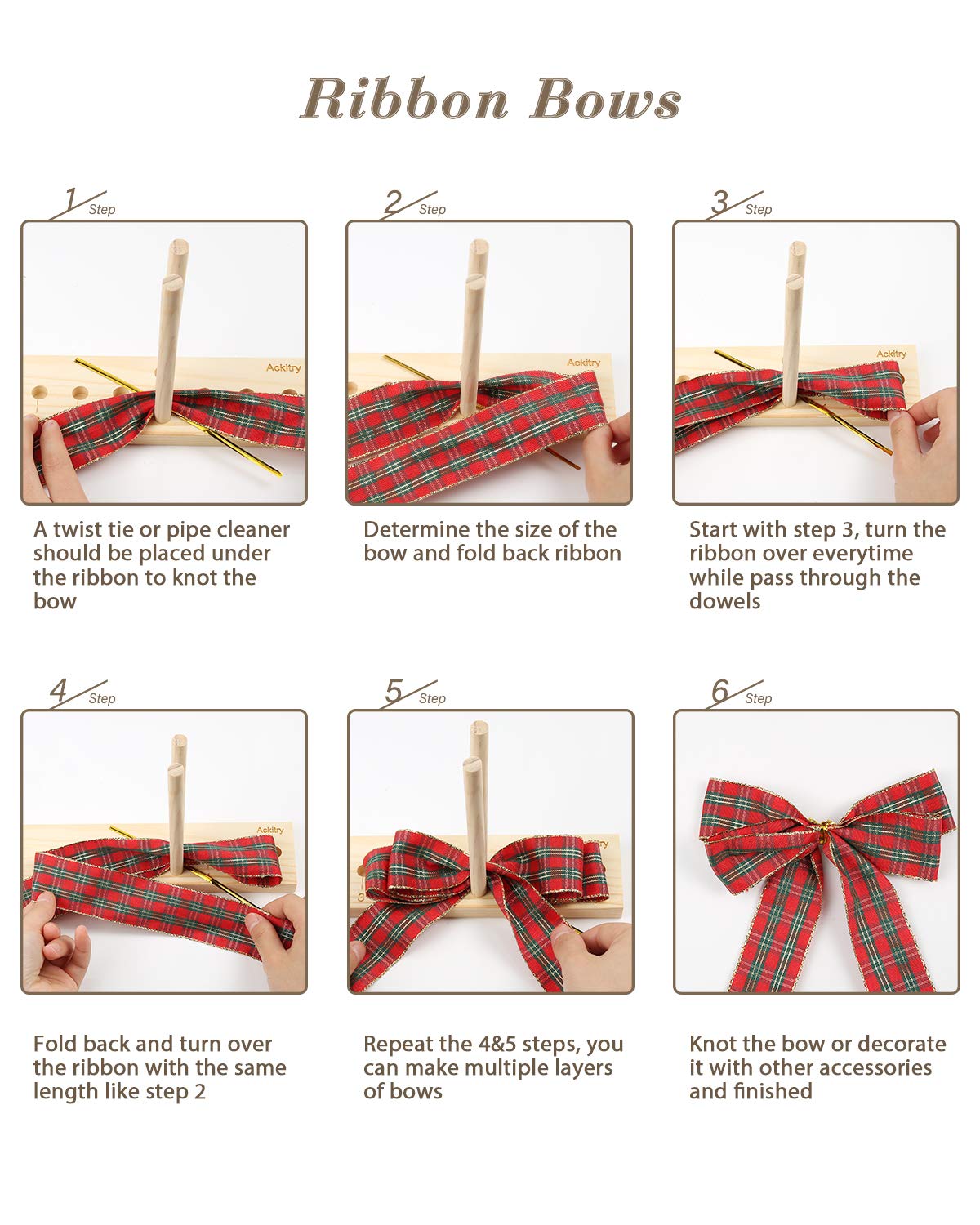 Ackitry Extended Bow Maker for Ribbon for Wreaths, Wooden Ribbon Bow Maker  with Twist Ties and Instructions for Creating Gift Bows, Hair Bows